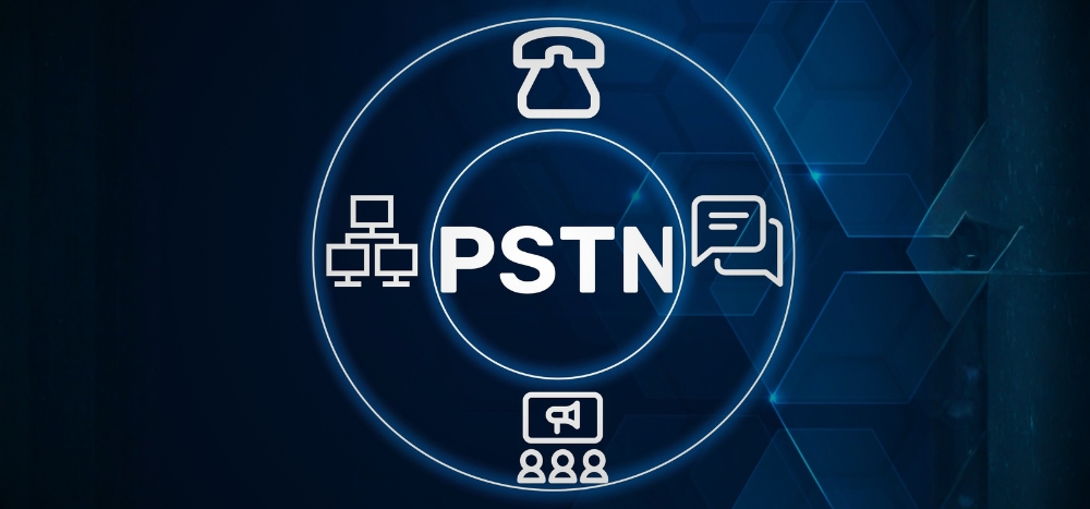 PSTN switch off, Blue digital graphic with PSTN in the centre surrounded by icons for phone calls, messaging, video meetings and network connections, illustrating the move away from the PSTN network