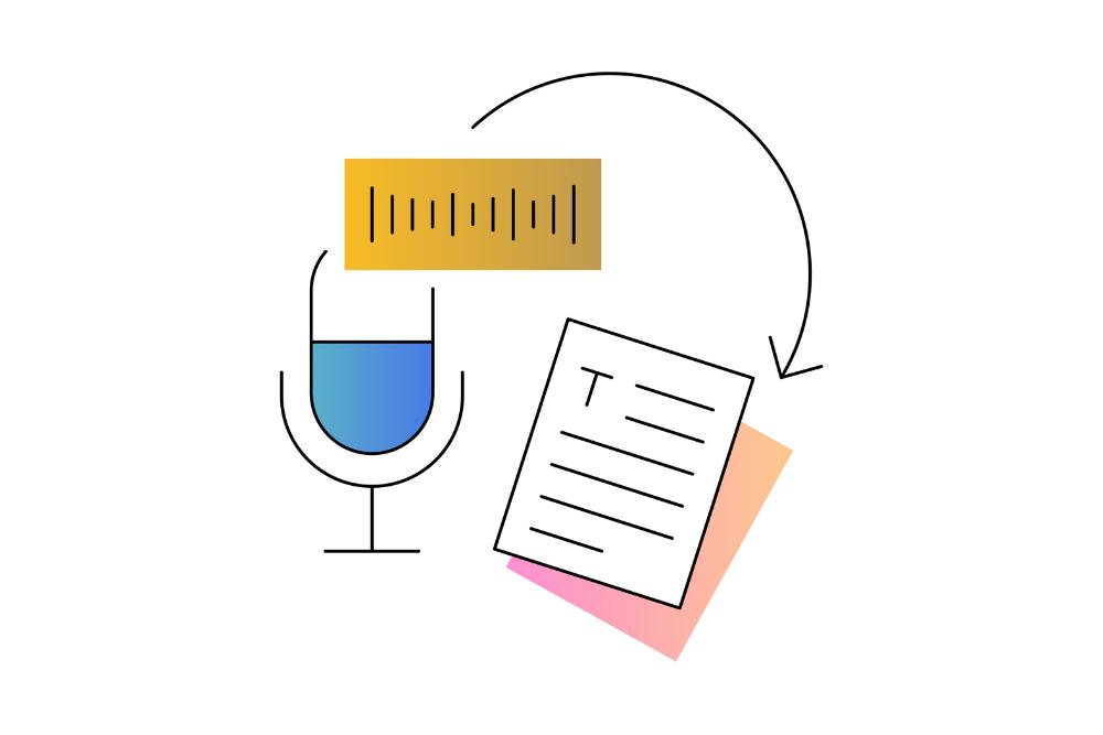 How AI is changing business phone systems A line illustration of a microphone with sound waves being measured and converted into a text document.